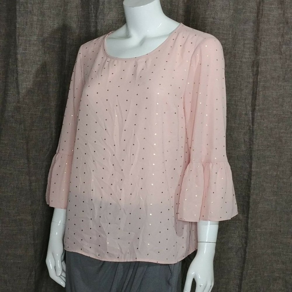 ELLE Pink Blouse With Polka Dots Size Medium 3/4 Ruffled Sleeves